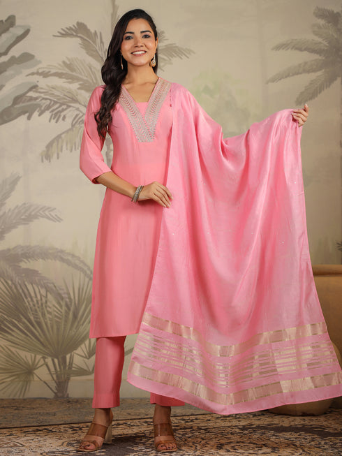 Pink Silk Blend Embroidered Straight Kurta Set